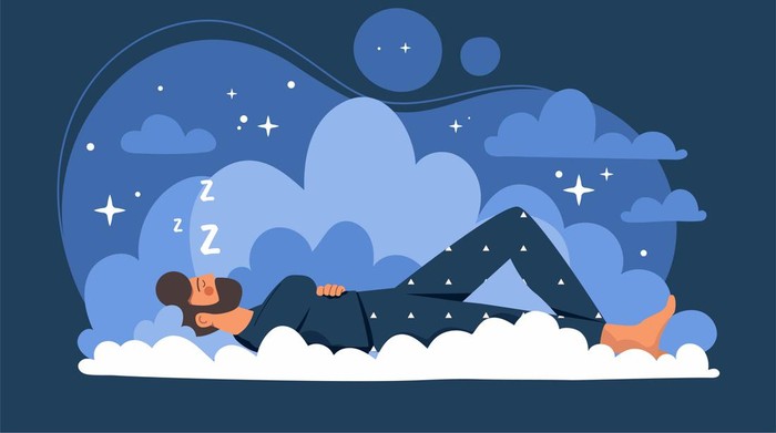 Peaceful sleep concept. Man lies on clouds, metaphor for comfortable bed. Comfort and cosiness in apartment. Rest and recuperation. Fantasy and imagination, dreams. Cartoon flat vector illustration