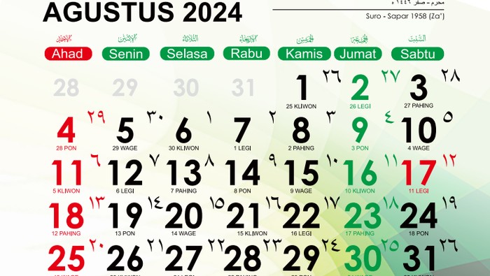 Kalender Bulan Agustus 2024.