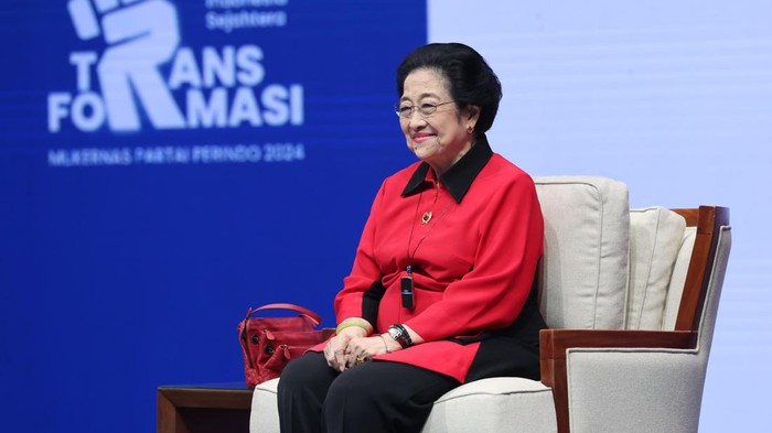 Ketum PDIP, Megawati Soekarnoputri, dalam Mukernas Perindo di Inews Tower, Kebon Sirih, Jakarta Pusat, Selasa (30/7/2024).