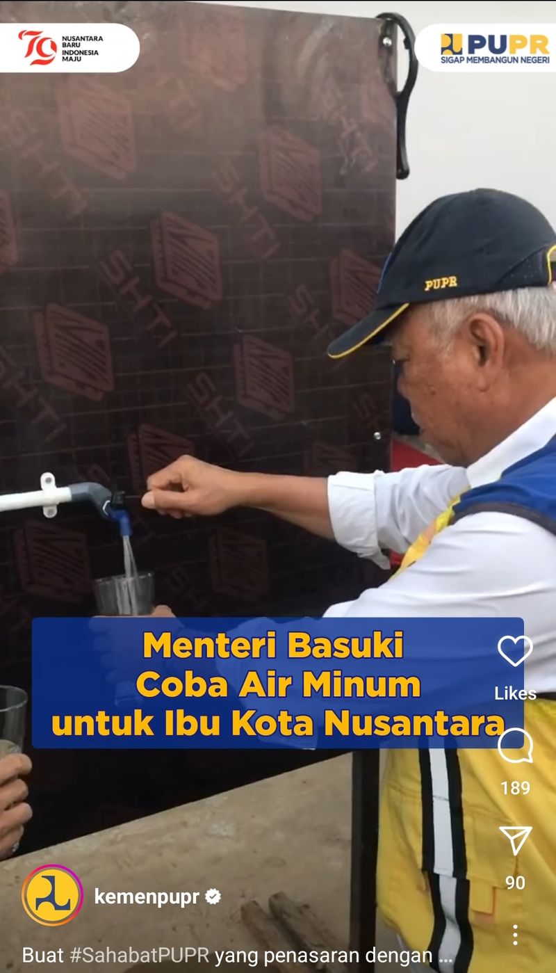 Menteri PUPR Basuki Hadimuljono minum air langsung dari keran di IKN