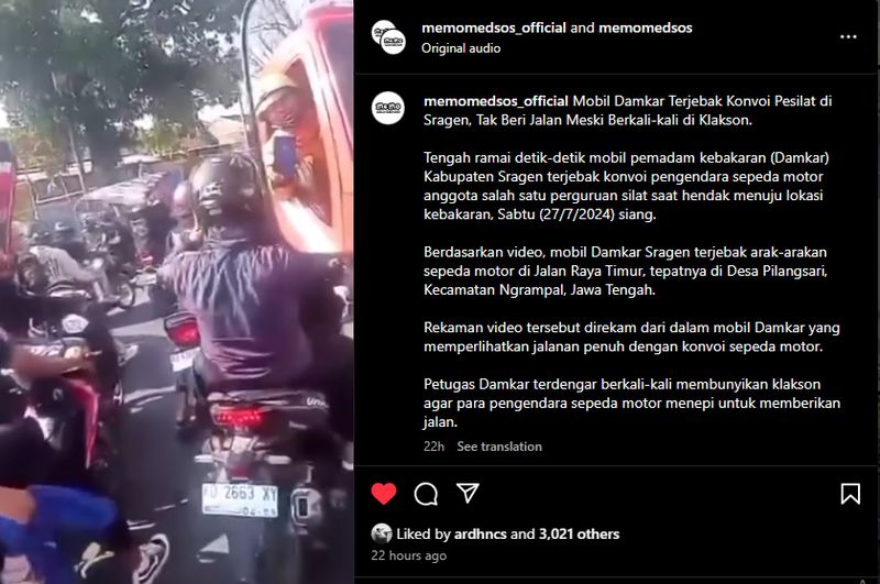 Mobil damkar kejebak konvoi pemotor di Sragen.