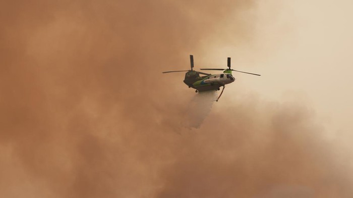 Puluhan Helikopter Wara-wiri Padamkan Kebakaran Hutan di California A helicopter drops water as the Borel Fire grows near Lake Isabella, California, U.S. July 29, 2024. REUTERS/David Swanson
