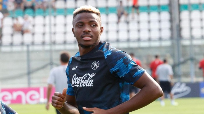 Victor Osimhen of Napoli is participating in day 3 of the preseason training camp of SSC Napoli at Stadio Patini in Castel di Sangro, Italy, on July 27, 2024. (Photo by Ciro De Luca/NurPhoto via Getty Images)