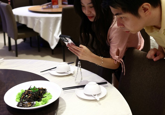 A chef garnishes fried rice with house crickets during a showcase of insect-based dishes at the House of Seafood restaurant in Singapore July 16, 2024. REUTERS/Edgar Su