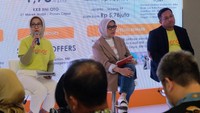 Direktur Retail Banking BNI Corina Leyla Karnalies, Consumer Segment Division Head Sri Indira l, dan Ketua HUT ke-78 BNI Mesah Roni Ginting, memaparkan persiapan BNI Expo 2024, di Jakarta, Selasa (30/07). Kegiatan ini merupakan rangkaian peringatan Hari Ulang Tahun (HUT) ke-78 BNI.