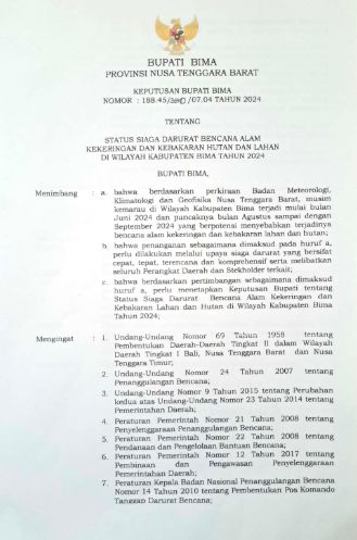 SK Bupati Bima terkait status siaga darurat bencana alam kekeringan dan kebakaran hutan dan lahan (karhutla) 2024 selama 167 hari. (Istimewa)