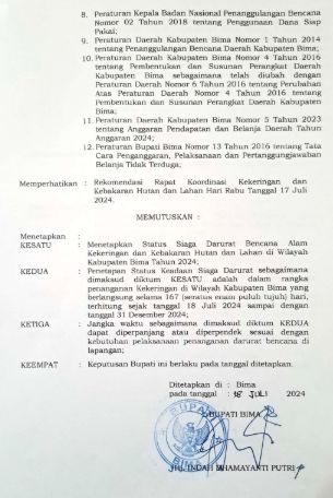 SK Bupati Bima terkait status siaga darurat bencana alam kekeringan dan kebakaran hutan dan lahan (karhutla) 2024 selama 167 hari. (Istimewa)