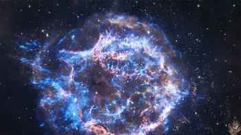 Sisa-sisa supernova Cassiopeia adalah bola materi dan energi yang mengembang yang dikeluarkan dari bintang yang meledak. Kredit: Sinar-X: NASA/CXC/SAO; Inframerah: NASA/ESA/CSA/STScI/D. Milisavljevic (Univ. Purdue), I. De Looze (UGent), T. Temim (Univ. Princeton) ; Pemrosesan Gambar: NASA/CXC/SAO/J. Schmidt, K. Arcand, dan J. Mayor