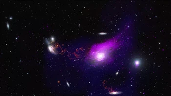Virgo Cluster (termasuk M86) menampilkan sekitar selusin galaksi, berlatar belakang hitam yang dihiasi dengan bintik-bintik kecil cahaya. Kredit: Sinar-X: (Chandra) NASA/CXC/SAO; (XMM) ESA; H-alpha: NoirLab/NSF/KPNO; Optik: SDSS; CalTech/Palomar; Pemrosesan gambar: NASA/CXC/SAO/J. Mayor dan K. Arcand