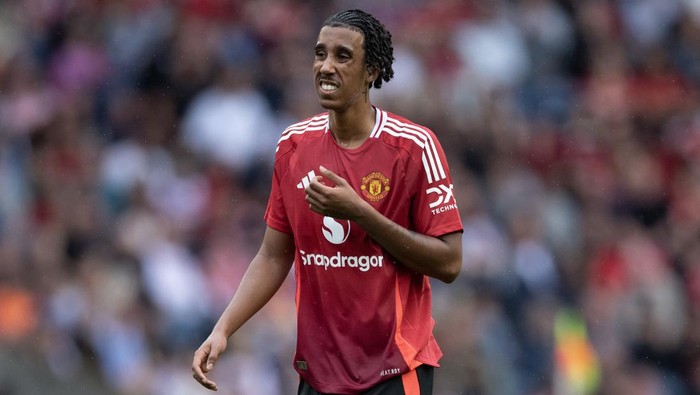 EDINBURGH, SCOTLAND - JULY 20: Leny Yoro of Manchester United reacts during the Pre-Season Friendly match between Manchester United and Rangers at BT Murrayfield Stadium on July 20, 2024 in Edinburgh, Scotland. (Photo by Joe Prior/Visionhaus via Getty Images)