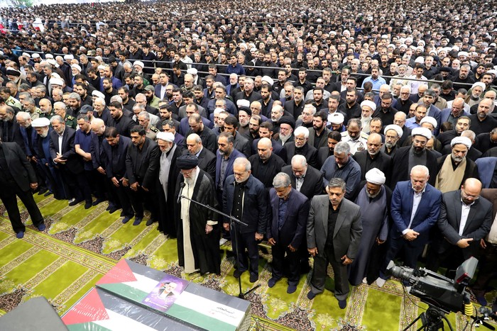 Irans Supreme Leader Ayatollah Ali Khamenei performs prayer at the funeral of assassinated Hamas chief, Ismail Haniyeh, in Tehran, Iran, August 1, 2024. Office of the Iranian Supreme Leader/WANA (West Asia News Agency) Handout via REUTERS ATTENTION EDITORS - THIS PICTURE WAS PROVIDED BY A THIRD PARTY