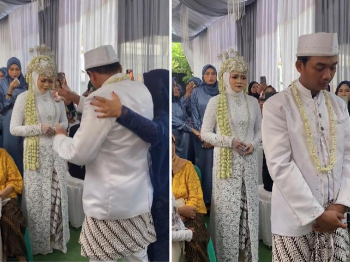Momen pengantin pria menangis terharu saat bertemu dengan istrinya di hari pernikahan, mendadak viral di media sosial.