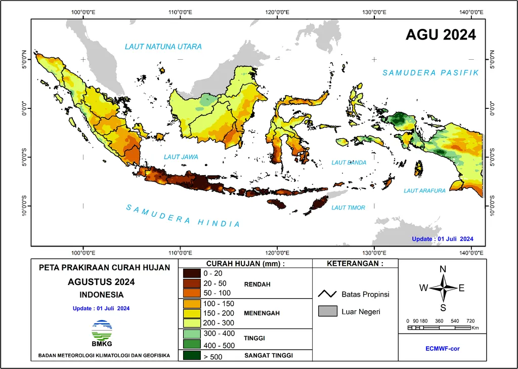 Peta Perkiraan Curah Hujan Agustus 2024 di Indonesia. (Dok. BMKG)