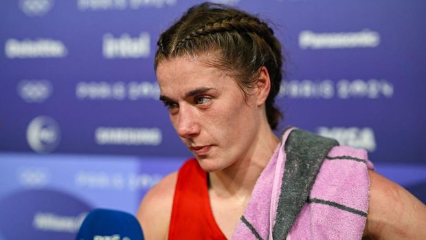 Paris , France - 28 July 2024; Grainne Walsh of Team Ireland after her defeat to Anna Luca Hamori of Team Hungary in their women's 66kg preliminary round of 32 bout at the North Paris Arena during the 2024 Paris Summer Olympic Games in Paris, France. (Photo By David Fitzgerald/Sportsfile via Getty Images)