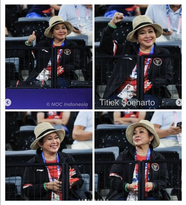Mantan istri Prabowo Subianto ini muncul dalam balutan kaus merah dari merchendise resmi Olimpiade 2024 yang dibungkus jaket hitam. Adapun jaket tersebut merupakan bagian dari koleksi jersey resmi tim Merah Putih yang dirancang oleh putranya, Didit Hediprasetyo. (Foto: Instagram/@titieksoeharto)