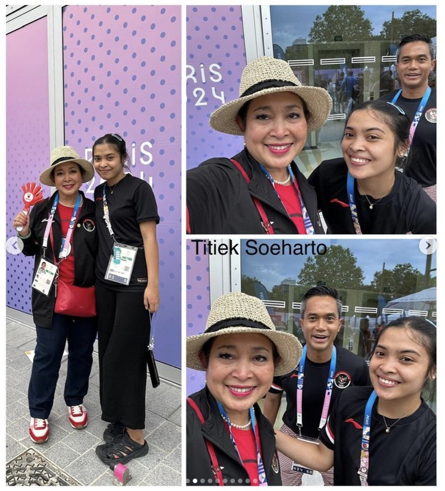 Di pertandingan tersebut, Gregoria berhasil menaklukkan lawannya, Kim Ga Eun dari Korea Selatan. Titiek Soeharto pun sempat berfoto dengan sang juara. Foto yang diunggah turut memperlihatkan sneakers bernuansa merah-putih yang menjadi andalan putri presiden ke-2 RI Soeharto itu.  (Foto: Instagram/@titieksoeharto)