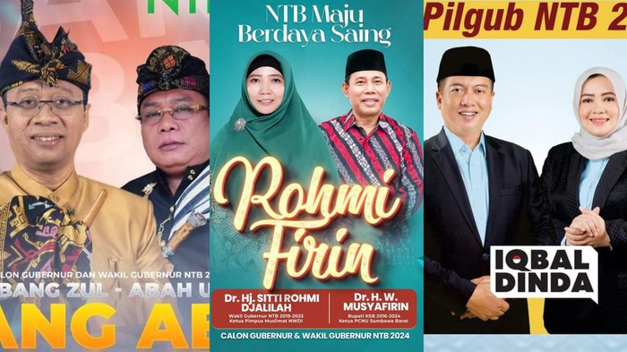 Kolase foto tiga bakal pasangan calon Pilgub NTB 2024, (dari kiri) Zul-Uhel, Rohmi-Firin, Iqbal-Dinda. (Foto: Helmy Akbar/detikBali)
