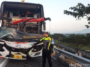 Sopir Bus Eka Ngantuk Hantam Truk Muat Empon-empon di Tol Nganjuk