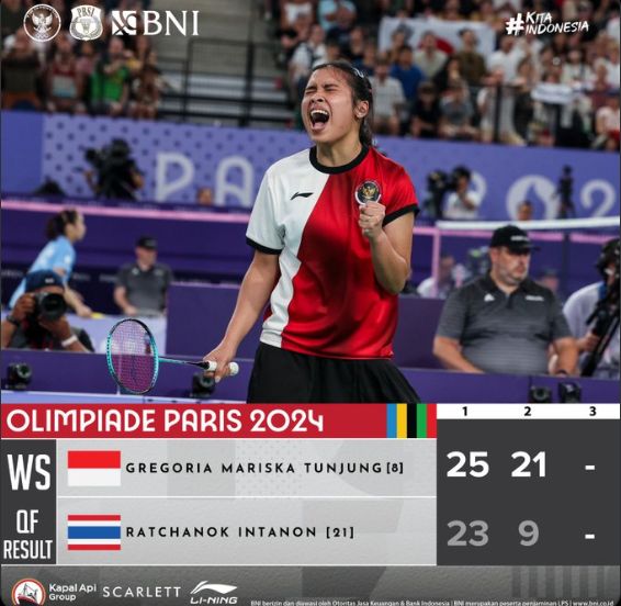 Ekspresi Atlet badminton dari Indonesia Gregoria Mariska Tunjung setelah meraih poin melawan Ratchanok Intanon dari Thailand selama pertandingan perempat final bulu tangkis tunggal putri di Olimpiade Musim Panas 2024, Sabtu, 3 Agustus 2024, di Paris, Prancis. (Ist/X/ Badminton INA)