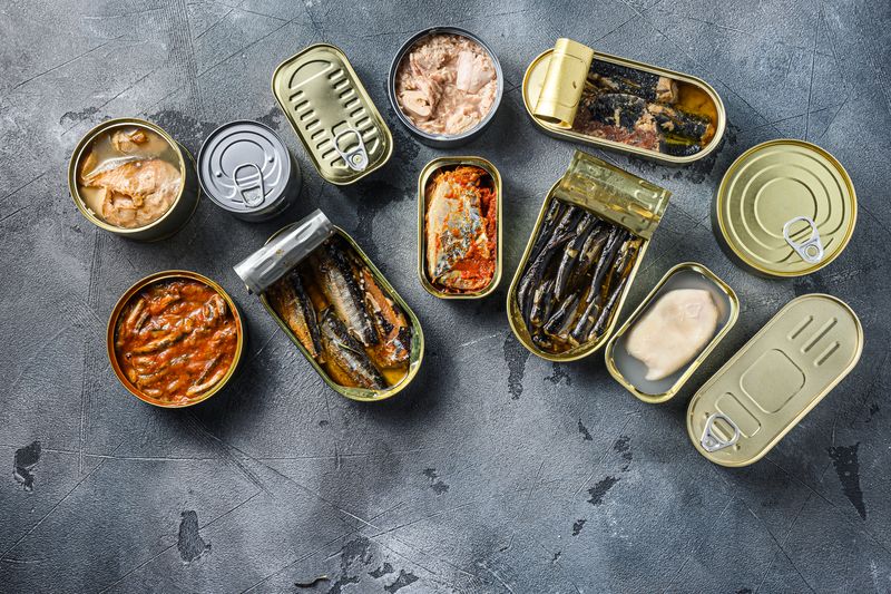 Mitos-mitos keliru tentang BPA Conserves of canned fish with different types of fish and seafood, opened and closed cans with Saury, mackerel, sprats, sardines, pilchard, squid, tuna, over grey stone surface, top view space for text.