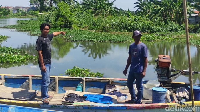 Warga menunjukkan lokasi kemunculan buaya di Sungai Kedungpeluk, Sidoarjo.
