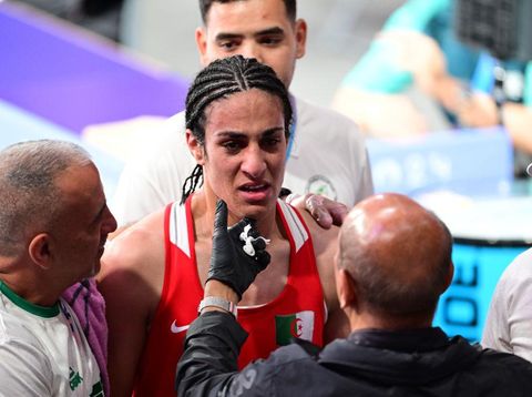 VILLEPINTE, FRANCE - AUGUST 3: Imane Khelif (red) of Team Algeria competes against Anna Luca Hamori (blue) of Team Hungary in the women's 66kg quarter-final boxing match during the Paris 2024 Olympic Games at the North Paris Arena, in Villepinte, France on August 3, 2024. Khelif wins the match and advanced to semi-finals. (Photo by Mehmet Murat Onel/Anadolu via Getty Images)