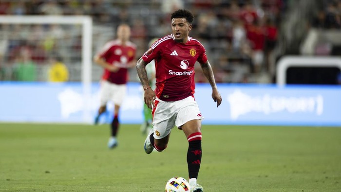 Manchester United forward Jadon Sancho in action against Real Betis during the second half of a soccer match Wednesday, July 31, 2024, in San Diego. (AP Photo/Derrick Tuskan)