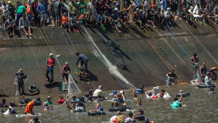 Kolam Tando PLTA Timo Dikuras, Warga Panen Ikan Sejumlah warga menjaring ikan saat Kurasan Kolam Tando Harian Sub Unit Pembangkit Listrik Tenaga Air (PLTA) Timo di Desa Tlompakan, Kecamatan Tuntang, Kabupaten Semarang, Jawa Tengah, Senin (5/8/2024). Kegiatan pengurasan air kolam tando sebagai penampung energi priemer PLTA berkapasitas 4x3 MW penyumbang aliran listrik Jawa-Bali tersebut dilakukan setiap 3 tahun sekali untuk mengelola sedimen volume air kolam, sekaligus sebagai ajang promosi wisata serta peningkatan ekonomi warga dengan memanen sekitar 25.000 ekor berbagai jenis ikan air tawar seperti ikan nila, lele, patin, mujair, karper, dan tawas berbiaya tiket retribusi Rp50.000 per orang untuk panen sepuasnya. ANTARA FOTO/Aji Styawan/foc.