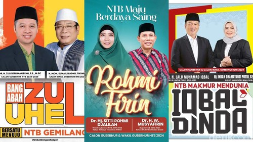 Kolase foto tiga pasangan calon Pilgub NTB 2024 (dari kiri) Zul-Uhel, Rohmi-Firin, Iqbal-Dinda.
Foto: Helmy Akbar / detikBali