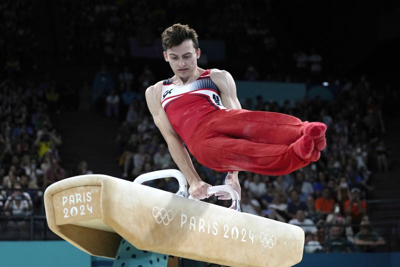 Stephen Nedoroscik, of the United States, competes during the men's artistic gymnastics individual pommel finals at Bercy Arena at the 2024 Summer Olympics, Saturday, Aug. 3, 2024, in Paris, France. (AP Photo/Francisco Seco)
