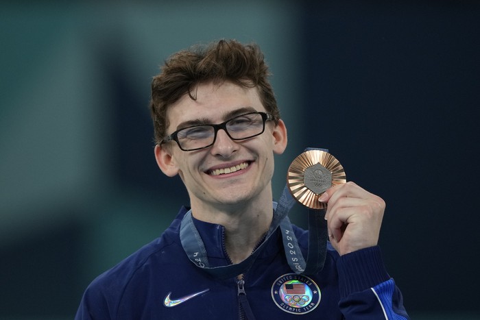 Stephen Nedoroscik, of the United States, competes during the mens artistic gymnastics individual pommel finals at Bercy Arena at the 2024 Summer Olympics, Saturday, Aug. 3, 2024, in Paris, France. (AP Photo/Francisco Seco)