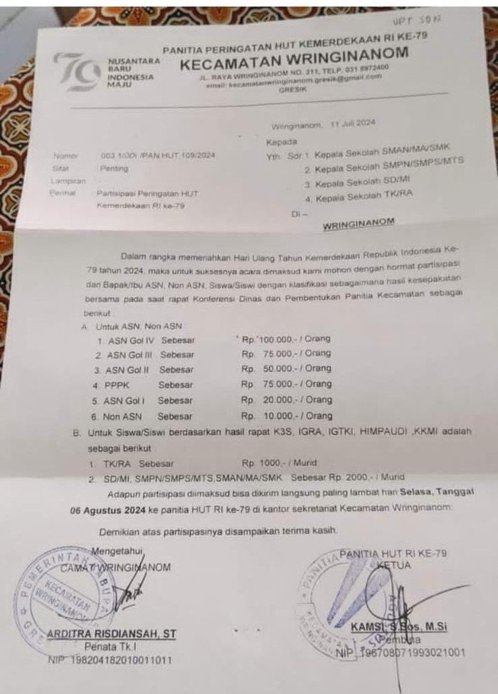 Surat edaran pungutan iuran acara HUT RI yang viral di Gresik