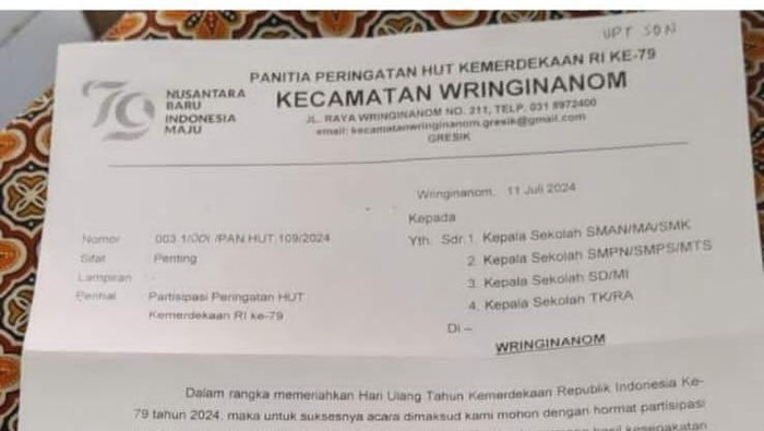 Surat edaran pungutan iuran acara HUT RI yang viral di Gresik