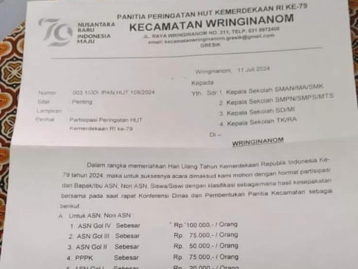 Surat edaran pungutan iuran acara HUT RI yang viral di Gresik