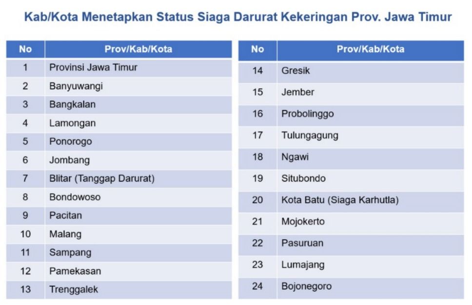 Wilayah siaga darurat Jawa Timur. (Dok: BNPB)