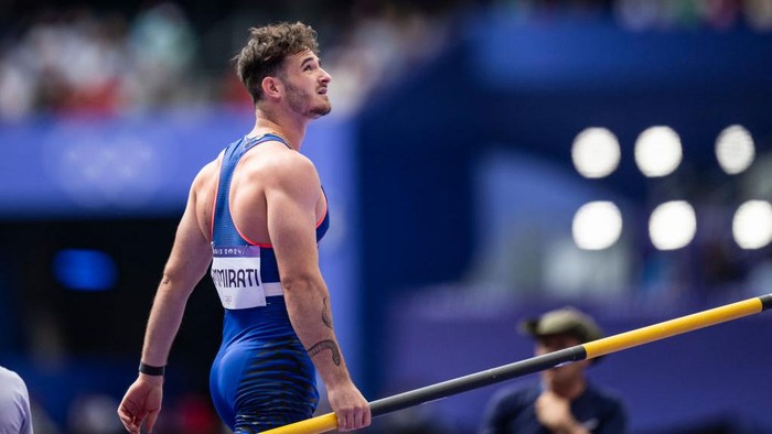 PARIS, FRANCE - AUGUST 3: Anthony Ammirati of Team France looks on during the Mens Pole Vault Qualification on day eight of the Olympic Games Paris 2024 at Stade de France on August 3, 2024 in Paris, France. (Photo by Kevin Voigt/GettyImages)