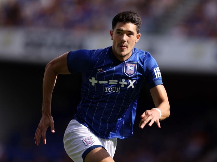 IPSWICH, ENGLAND - JULY 27: Elkan Baggott of Ipswich Town  during the Pre-Season Friendly match between Ipswich Town and Fortuna Duesseldorf at Portman Road on July 27, 2024 in Ipswich, England. (Photo by Paul Harding/Getty Images)