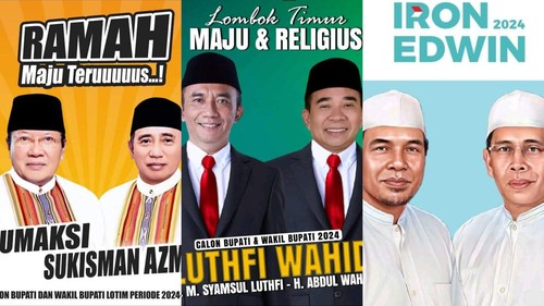 Kolase foto tiga paslon Pilbup Lombok Timur 2024 (dari kiri ke kanan), Rumaksi-Sukisman, Luthfi-Wahid, dan Iron-Edwin. (Foto: Helmy Akbar/detikBali)