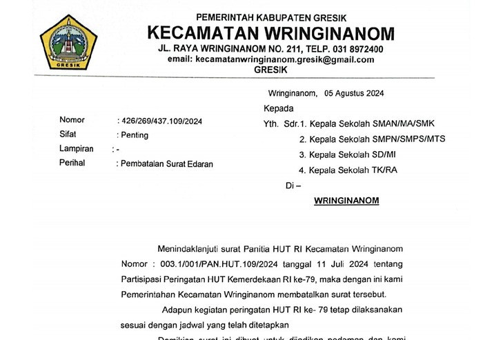 pembatalan surat pungutan iuran HUT RI Wringinanom Gresik