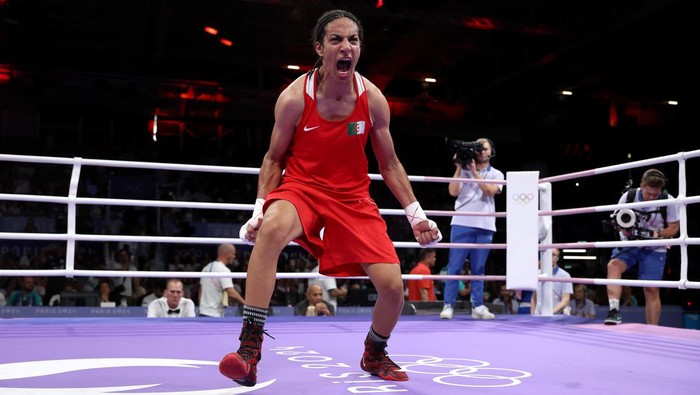 PARIS, FRANCE - AUGUST 01: Imane Khelif of Team Algeria looks on after Angela Carini of Team Italy abandons the Womens 66kg preliminary round match in the first round on day six of the Olympic Games Paris 2024 at North Paris Arena on August 01, 2024 in Paris, France. (Photo by Richard Pelham/Getty Images)