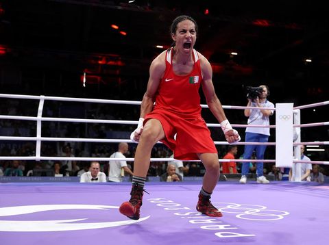 PARIS, FRANCE - AUGUST 01: Imane Khelif of Team Algeria looks on after Angela Carini of Team Italy abandons the Women's 66kg preliminary round match in the first round on day six of the Olympic Games Paris 2024 at North Paris Arena on August 01, 2024 in Paris, France. (Photo by Richard Pelham/Getty Images)