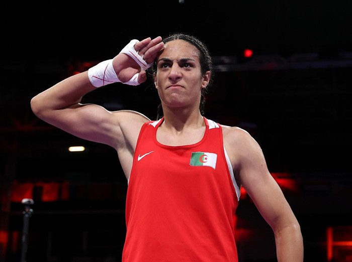 PARIS, FRANCE - AUGUST 01: Imane Khelif of Team Algeria looks on after Angela Carini of Team Italy abandons the Womens 66kg preliminary round match in the first round on day six of the Olympic Games Paris 2024 at North Paris Arena on August 01, 2024 in Paris, France. (Photo by Richard Pelham/Getty Images)