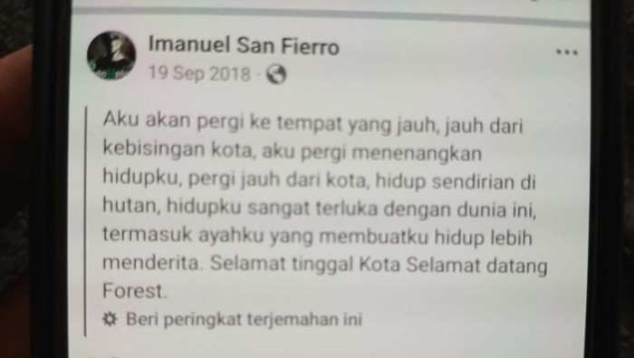 Unggahan di akun facebook Imanuel San Fierro yang disinyalir milik Elia Imanuel Putra