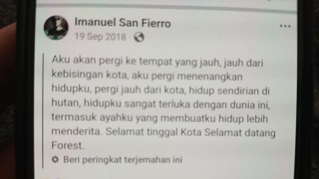 Unggahan di akun facebook Imanuel San Fierro yang disinyalir milik Elia Imanuel Putra