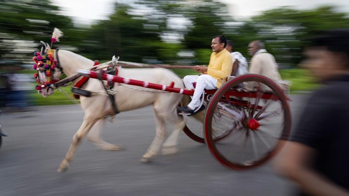 Aksi Lomba Balap Kereta Kuda di India Participants race their 'Ikka', or a horse driven cart during a traditional horse driven cart race Prayagraj, Uttar Pradesh state, India, Monday, Aug. 5, 2024. The race is held every Monday of the Hindu calendar month of Saawan, a month that coincides with the monsoon season. (AP Photo/Rajesh Kumar Singh)