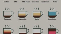 Cara mudah untuk mengenali perbedaan kopi bisa dilihat dari diagram ini. Ada perbedaan jumlah kopi, susu, milk foam, hingga bahan lain. Foto: Bored Panda