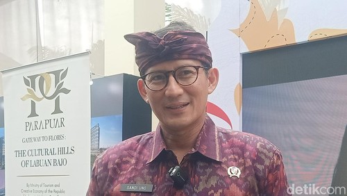 Menparekraf Sandiaga Salahuddin Uno ketika ditemui di Nusa Dua, Badung, Bali, Rabu (7/8/2024). (Ni Made Lastri Karsiani Putri/detikBali)