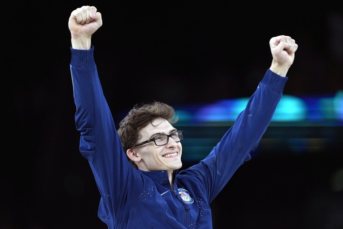 Stephen Nedoroscik, of the United States, celebrates after winning the bronze medal during the men's artistic gymnastics individual pommel finals at Bercy Arena at the 2024 Summer Olympics, Saturday, Aug. 3, 2024, in Paris, France. (AP Photo/Francisco Seco)
