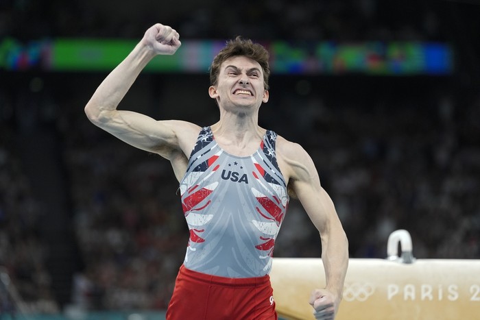 Stephen Nedoroscik Stephen Nedoroscik, of the United States, celebrates after winning the bronze medal during the men's artistic gymnastics individual pommel finals at Bercy Arena at the 2024 Summer Olympics, Saturday, Aug. 3, 2024, in Paris, France. (AP Photo/Francisco Seco)