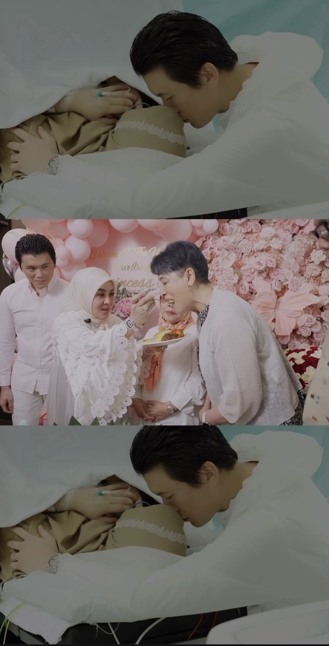 Syahrini pun tampak menyuapi satu per satu anggota keluarganya dengan tumpeng ulang tahunnya. Dalam foto terlihat Syahrini menyuapi mertuanya, Reiko Barack, yang berdiri di sebelah ibunda Syahrini, Wati Nurhayati. Foto: Instagram/@princessyahrini